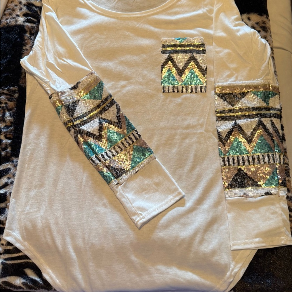 White Long Sleeve Shirt with Sequin Geometric Design